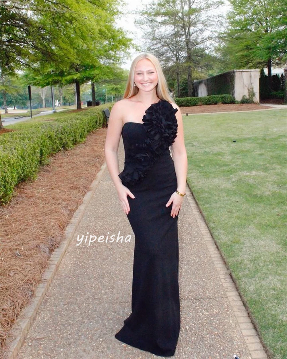 High Quality Sparkle Exquisite Jersey Flower Draped Pleat Ruched Prom Sheath Strapless Bespoke Occasion Gown Long Dresses