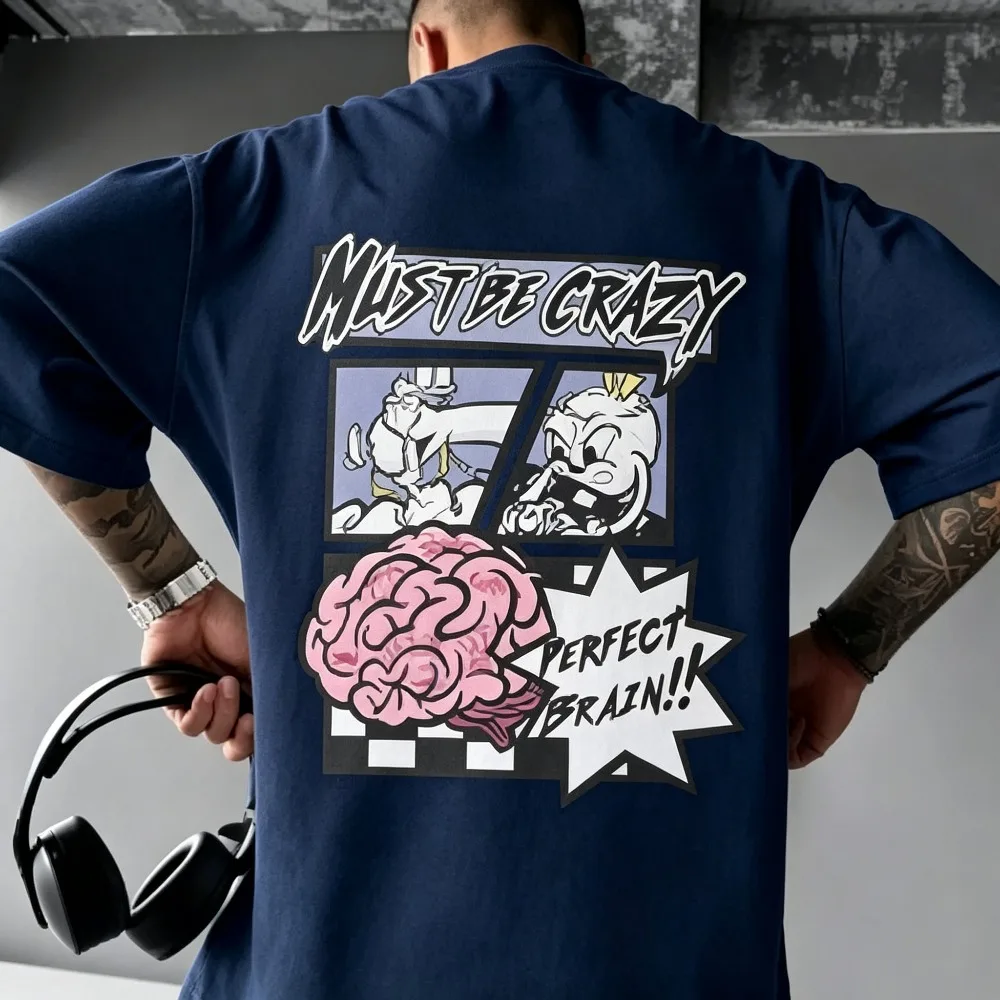 2026 New Men's Misfit Crazy Graphic T Shirt Funny Print Oversized Streetwear Casual Short Sleeve Fashion