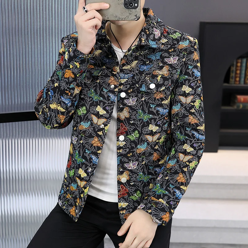 

2025 autumn Men's print pattern jacket male turn down collar Coat Trend Jacket man Casual jackts men classic Coat large size 4XL