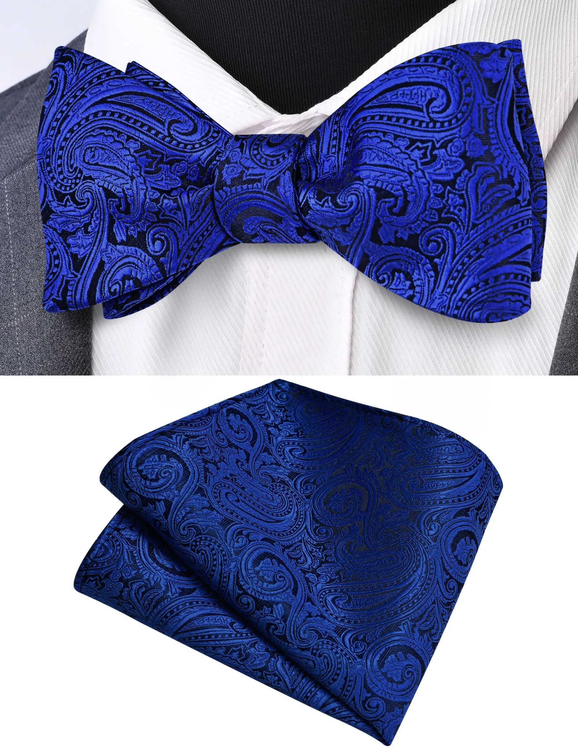 GUSLESON Fashion Silk Mens Self Bow ties and Pocket Square Set Adjustable Floral Bowknot Handkerchief For Men Wedding Party