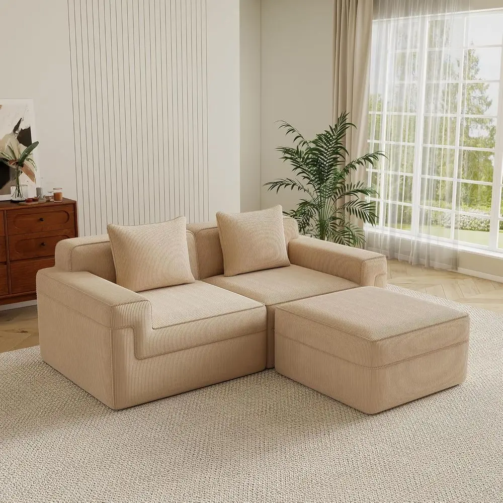 

81.1 L-Shaped Sectional Sofa, No-Assembly, Deep Seat with Pillows and Ottoman, Plush Corduroy Living Room Furniture