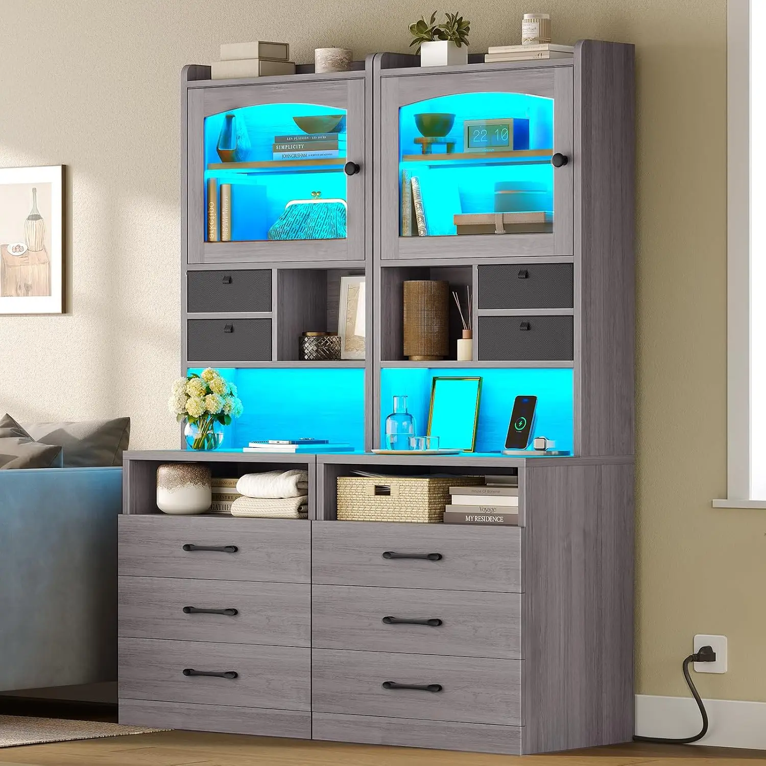 Tall Nightstand Set of 2 with Charging Station,  3 Drawers & Shelf, Bedside Table, Bedroom, 59