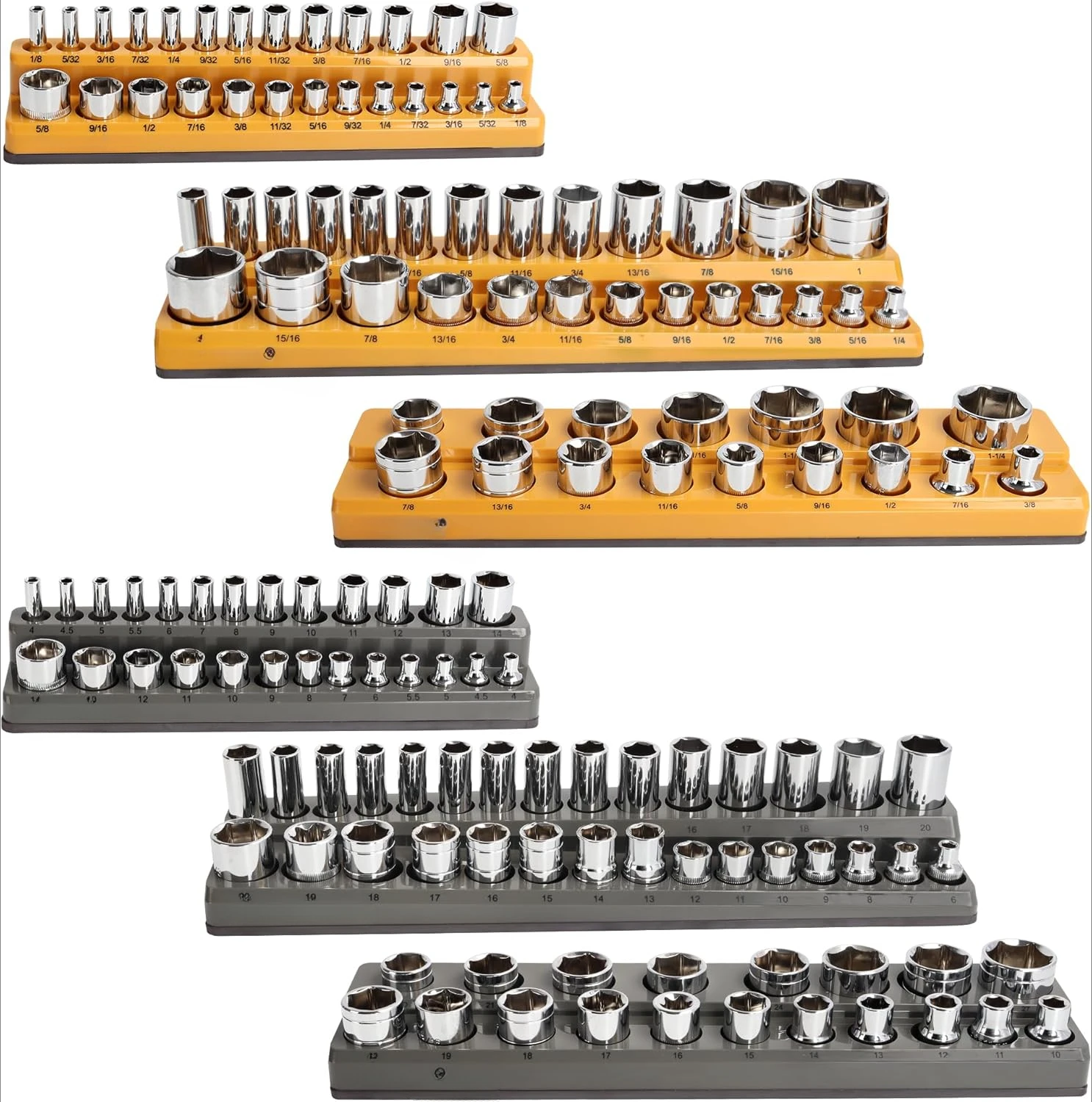 

SAE Metric 1/4", 3/8", 1/2" Socket Tray Holds 141 pieces Deep and Standard Size Sockets