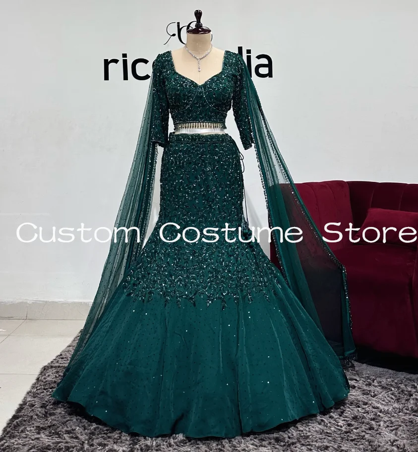 Emerald Green Mermaid Lehenga Evening Formal Dresses with Cape Sparkly Beaded Riccoindia Prom Celebrity Gown Customized