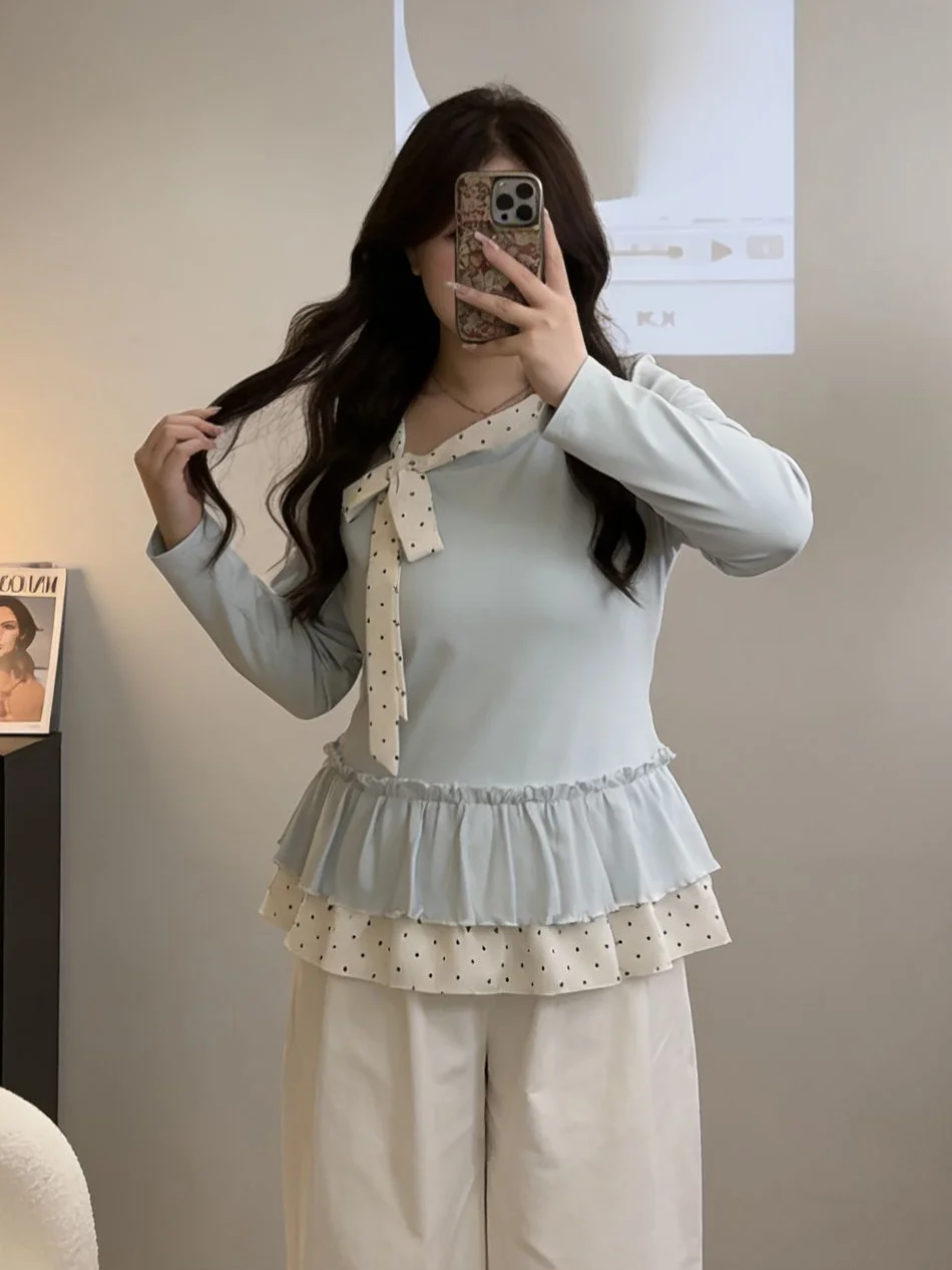 plus Size Women's T-Shirt Long Sleeve Lace Hem Drawstring Waist Irregular Design Slimming Top Korean Style Spring Commute Wear