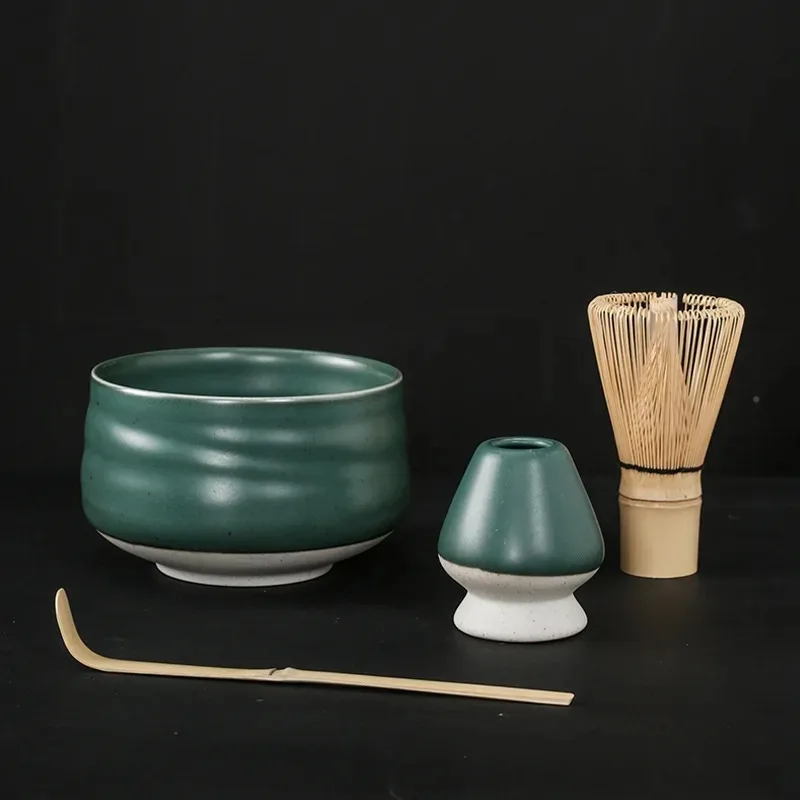 Matcha Tea cupSet with Bamboo Whisk, Scoop Ceramic Bowl, Traditional Indoor Handmade Tea-making Tools, Birthday Gifts, 4 PCs/Set