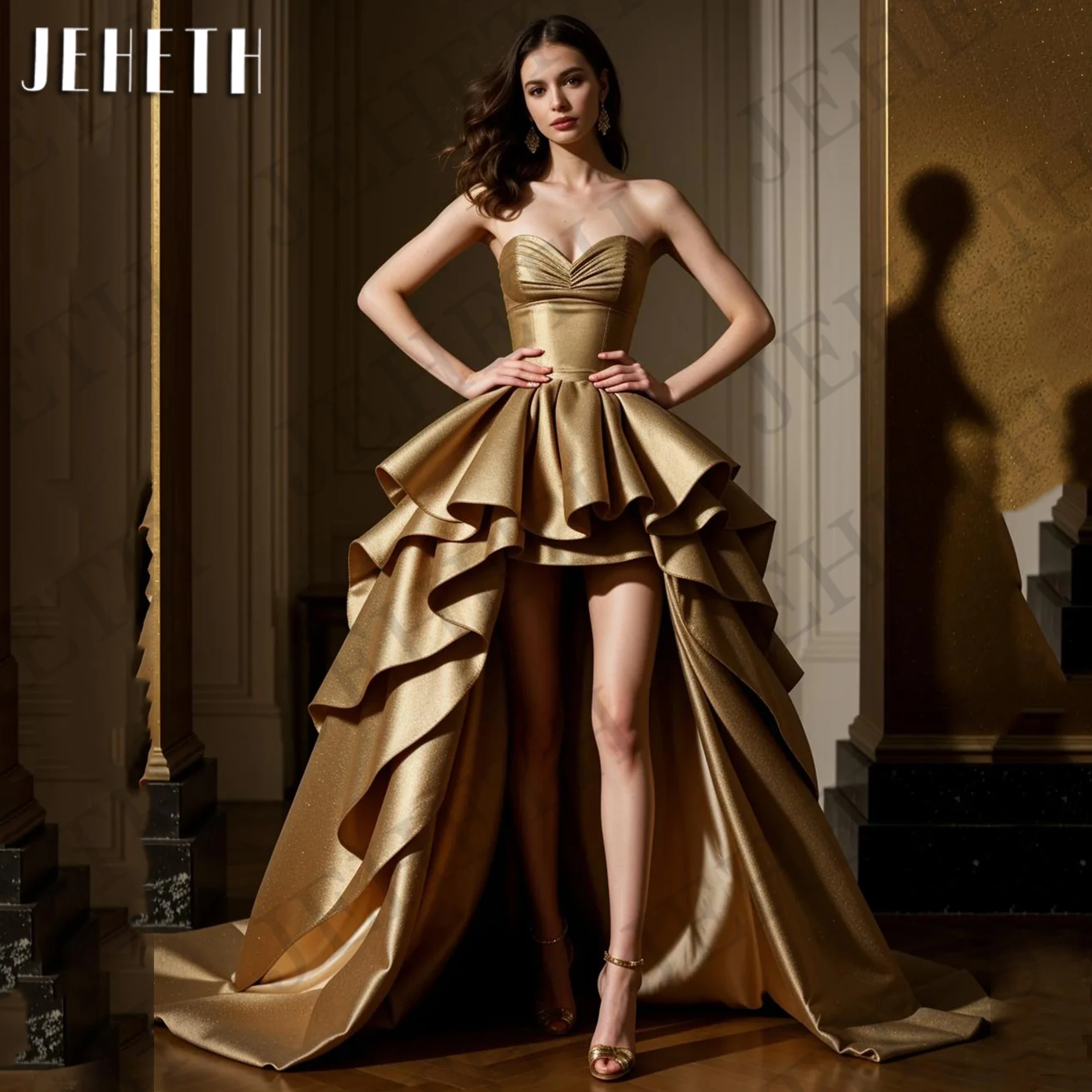 

JEHETH High Low Prom Dresses Sweetheart فساتين سهرة Strapless Tiered Satin Formal Occasion Dress Gold Sleeveless Women Celebrity