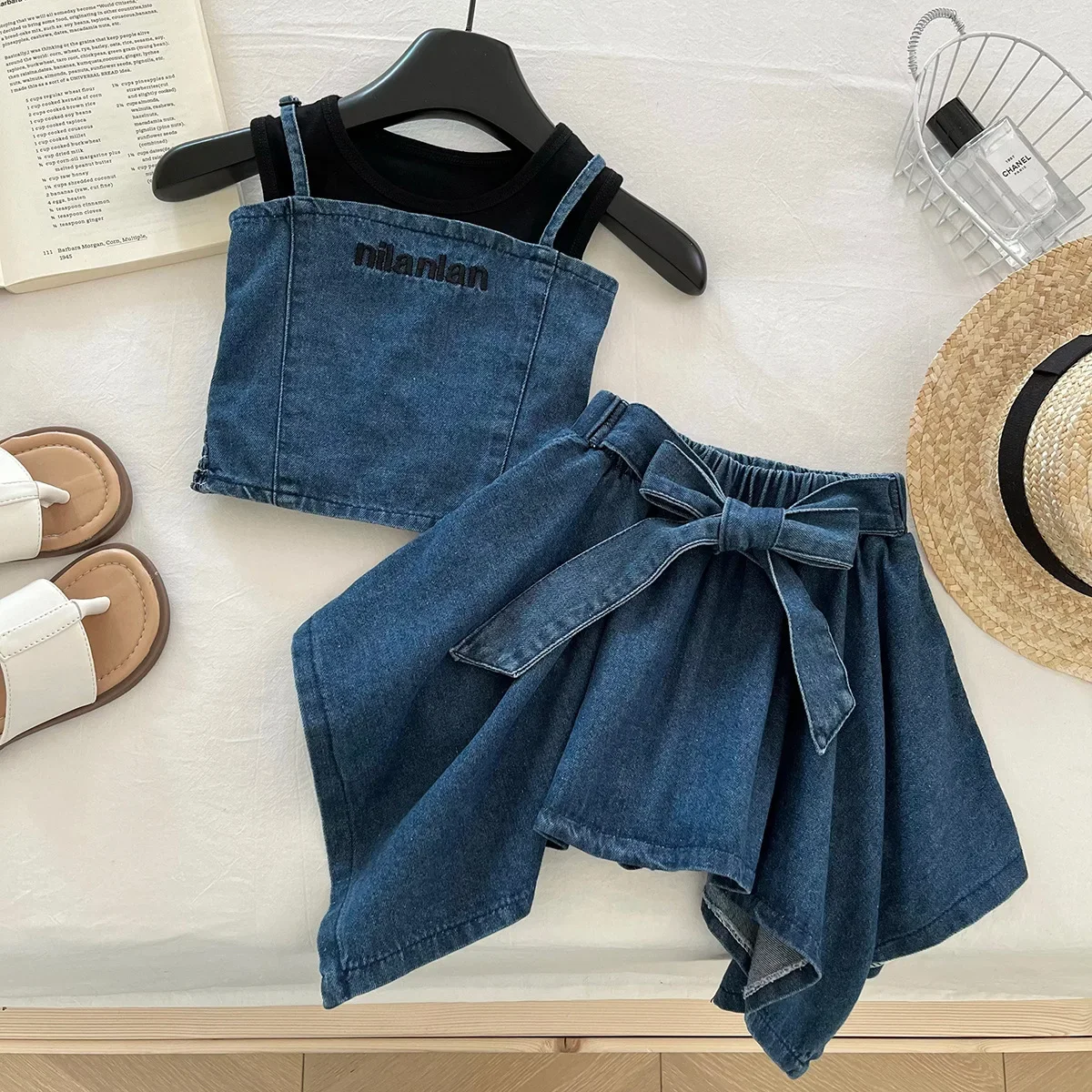 Children's Clothing Sets Alphabet Embroidered Denim Halter + Sleeveless Vest + Skirt 3pcs Sets Toddler Girl Clothes 2 To 8 Years