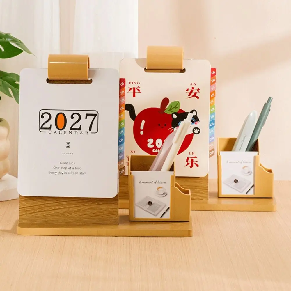 Practical Wood 2027 Desk Calendar Pen Holder Creative Pen Holder Calendar Multifunctional 2027 Calendar Organizer Office Use