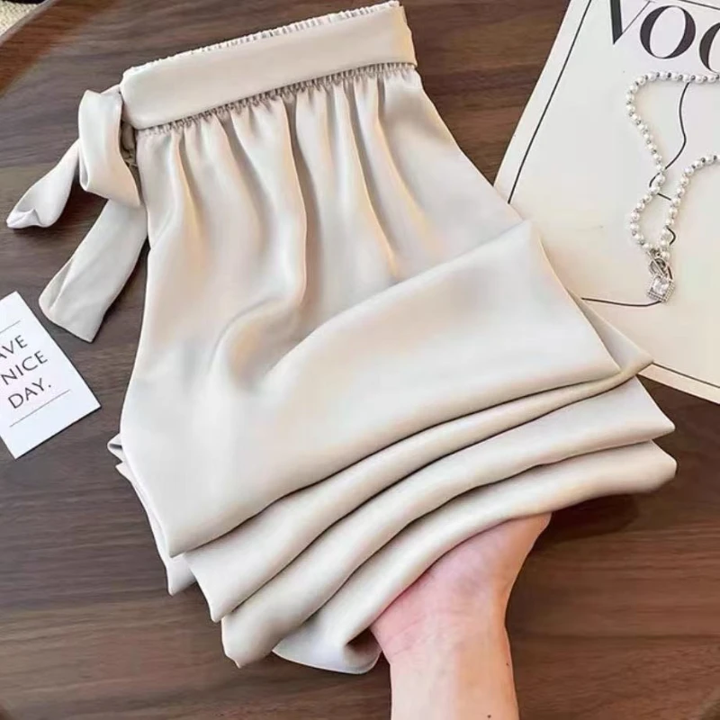 Acetate Satin Pants Spring and Summer Black Floor Mopping Casual Pants Korean Loose High Waist Office Lady Straight Trousers