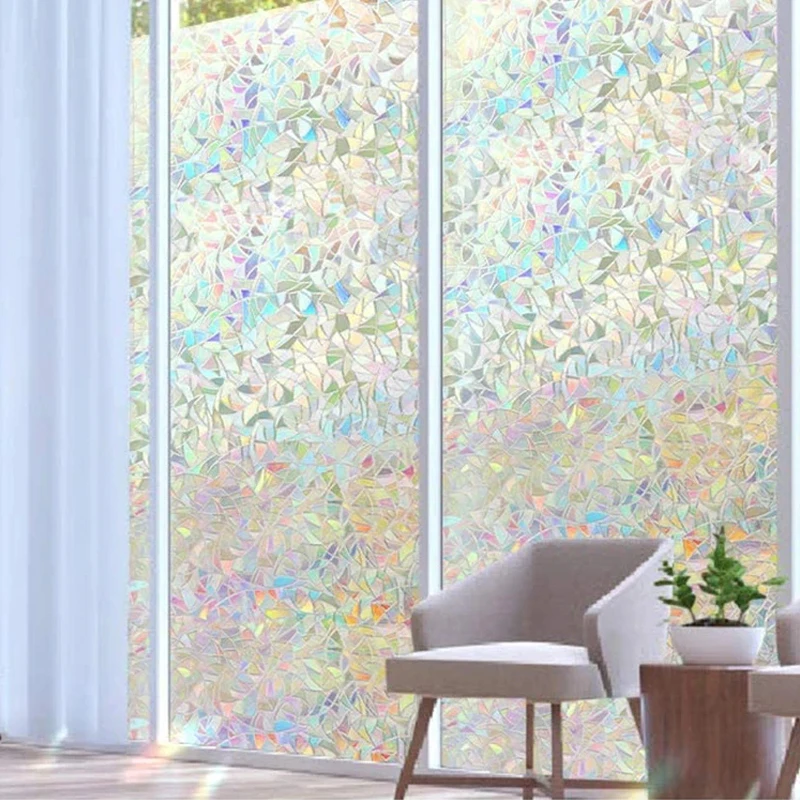 Window Film Privacy 3D Rainbow Effect Frosted Glass Window Film Non-Adhesive Sun Blocking Removable Window Stickers Home Decor