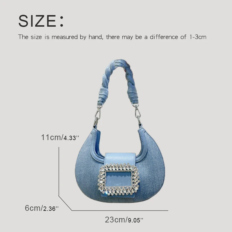 Half Moon Evening Bags For Women Luxury Designer Handbags And Purses 2023 New In Denim Inlaid Imitation Diamond Cloth Shoulder