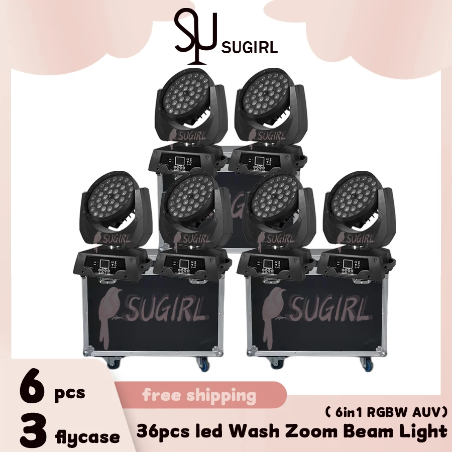 No Tax 6Pcs LED Wash Zoom Moving Head Light With 3 Flight Cases Lyre 36x18W Rgbwa uv 6in1 Wedding DMX DJ Disco Party Bar Stage