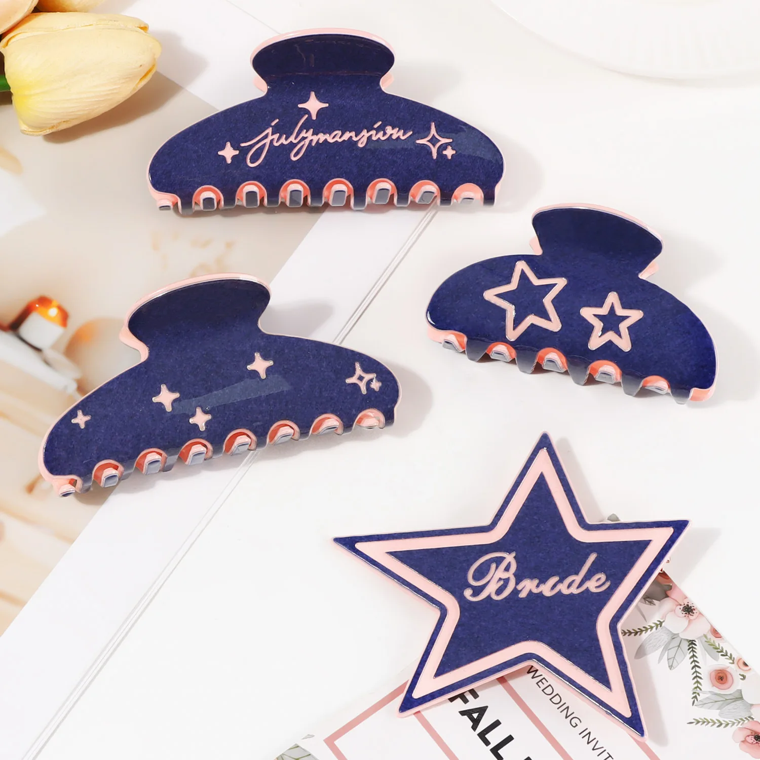 2026 New Navy Blue Pink Star Bride Hair Claw Clips Korean Sweet Letter Shark Grab Clamp Bachelorette Wedding Party Hair Accessor