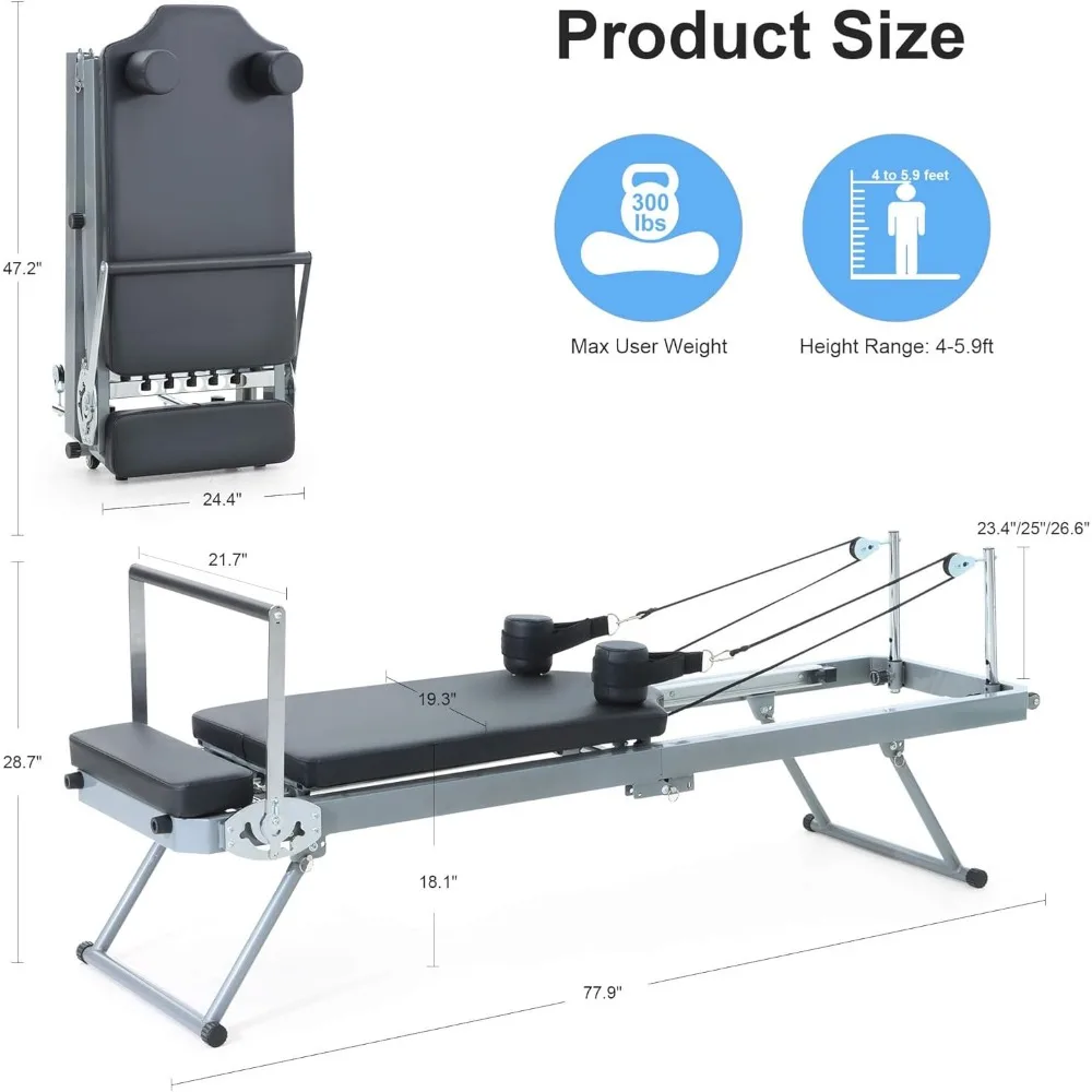 Pilates Reformer，Foldable Pilates Reformer Machine for Home Workout, Pilates Equipment with Springs and Replaceable Bungee Cords