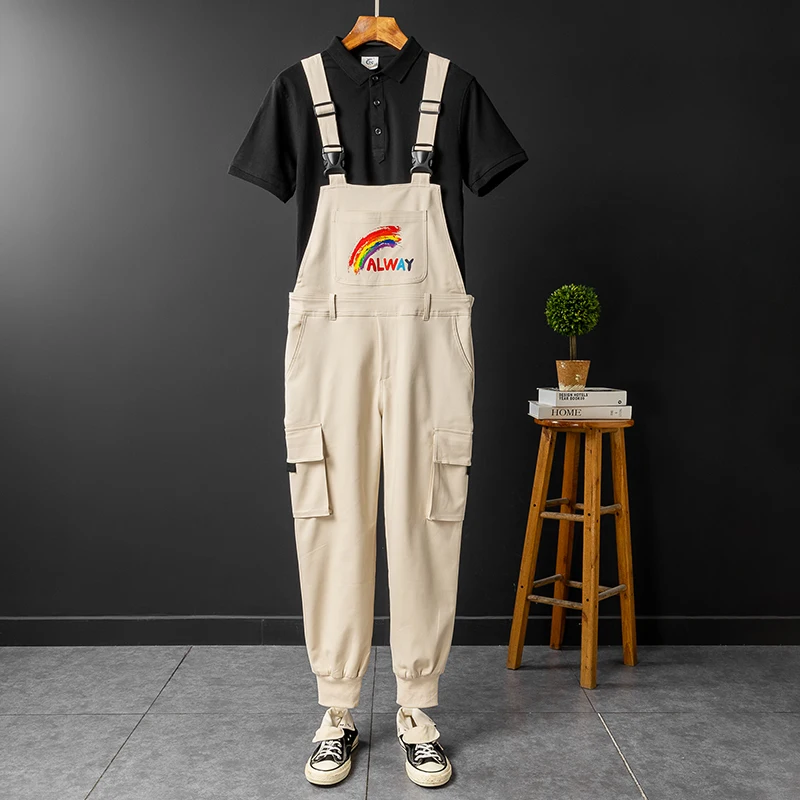 

Casual Workwear Pants Men's Spring Autumn Elastic Cuffed Multi-ket Overalls Youth Strap Long Trousers Personalized Print