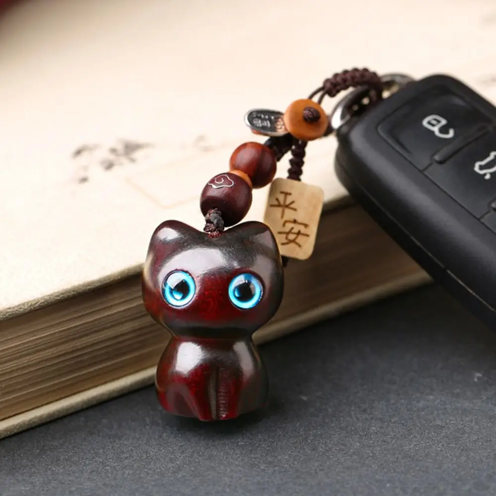 Sandalwood Wooden Lucky Cat Keychain Retro Cute Mobile Phone Chain Wooden Bag Pendant Accessories Car Keys Charms