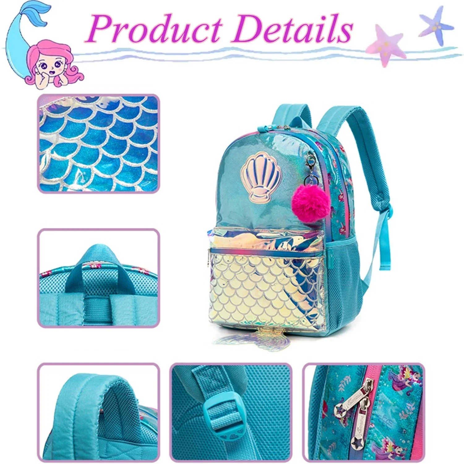 Children's Backpack for Girls Cute Backpacks for School Primary Students Mermaid School Bags with Lunch Box Kids Book Bags