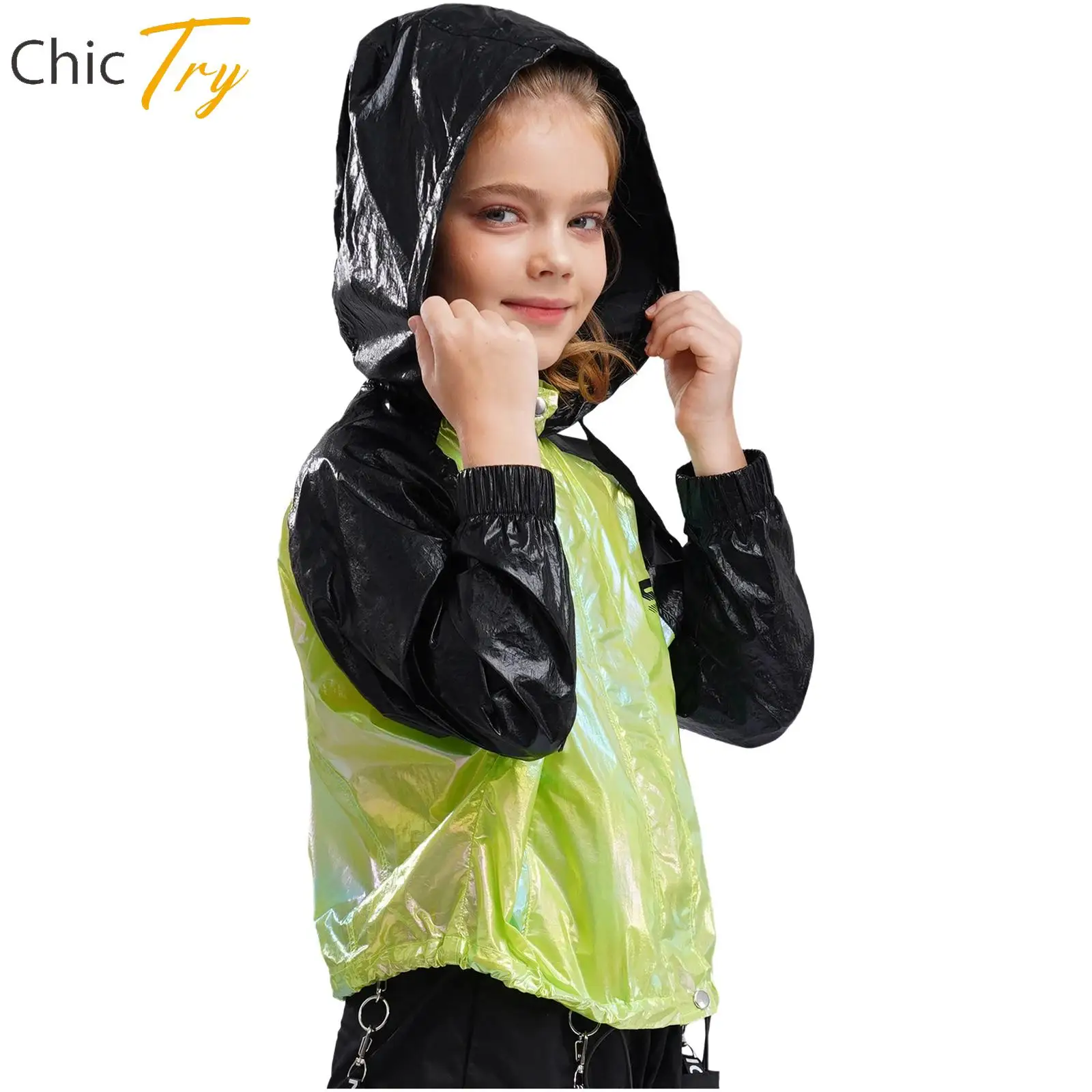 

Kids Girls Sports Coat Metallic Glossy Lightweight Jacket Stand Collar Long Sleeve Zipper Drawstring Hooded Sweatshirt Outerwear