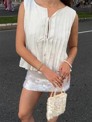 Glänzende weiße Bandage gerippte Tank Top Shirts für Frauen aushöhlen ärmellose schlanke Sommer mode Weste Damen Schnür weste y2k Top