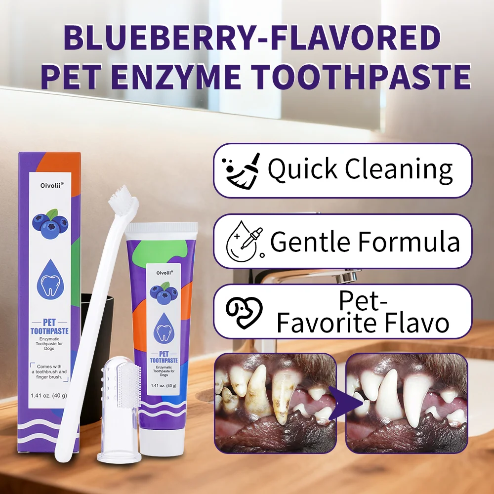 Kit de Limpeza Dental para Animais de Estimação, Pasta de Dente Enzimática para Gatos e Cães com Escova de Dente e Escova de Dedo, Reduz Placa e Tártaro, Sabor Mirtilo