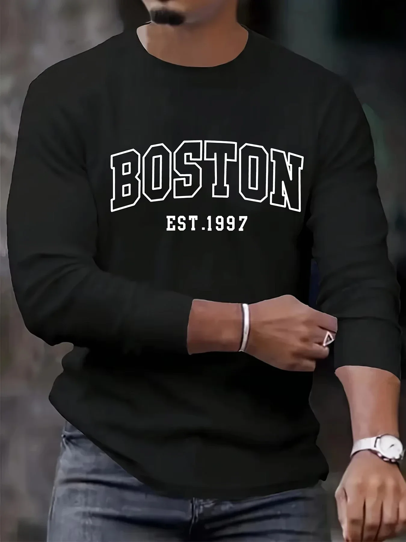 

2025 Мужская 100_ удобная повседневная спортивная футболка свободного кроя из чистого хлопка больших размеров с круглым вырезом и длинными рукавами с принтом букв Бостона