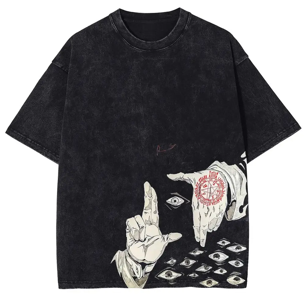 Vintage Manga T-shirts Anime Hellsing Alucard Graphic Washed T Shirt High Street Cotton Tshirt Harajuku Casual Loose Tops Unisex