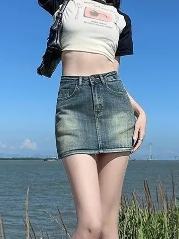 

American Retro Elastic Denim Skirt Women's High Waist Slimming Sexy A-Line ort Skirt Casual Sle with