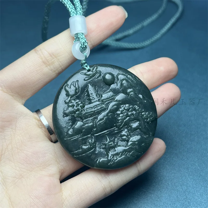 Natural Landscape - Tower Green Hotan Jade Round Pendant