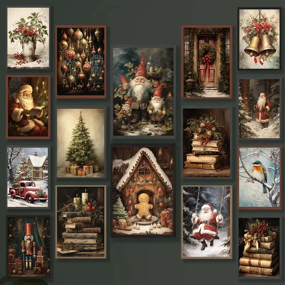 Retro Weihnachtsbaum Geschenk Winter Bauernhaus Schnee Szene Weihnachten Schneemann Wand Kunstdruck Leinwand Malerei Poster für Home Decor