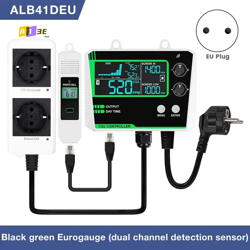 

A13E-контроллер углекислого газа, двухканальный разделенный зонд, монитор CO2, клапан редуктора давления CO2 для теплицы, вилка европейского стандарта