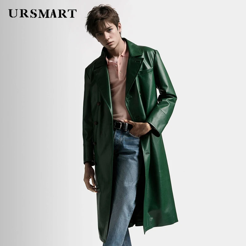 Men's Ultra-Long Green Genuine Leather Trench Coat - Classic British Trend Personalized Fashion