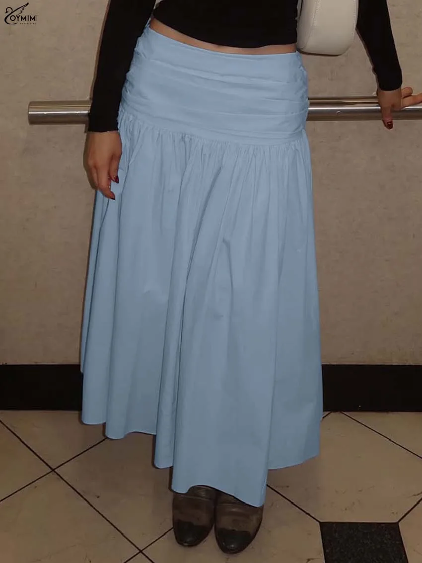 

Oymimi модные синие хлопковые юбки для женщин, элегантные плиссированные юбки с низкой талией, повседневная осенняя свободная юбка до середины икры, уличная одежда