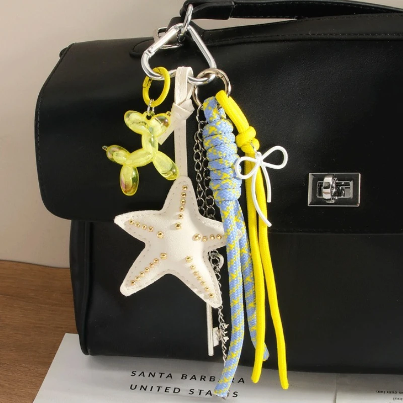 

New Leather Starfish Keychain Tassel Woven Rope Bag Charm Car Pendant Hanging Gift for Women Girls Accessory