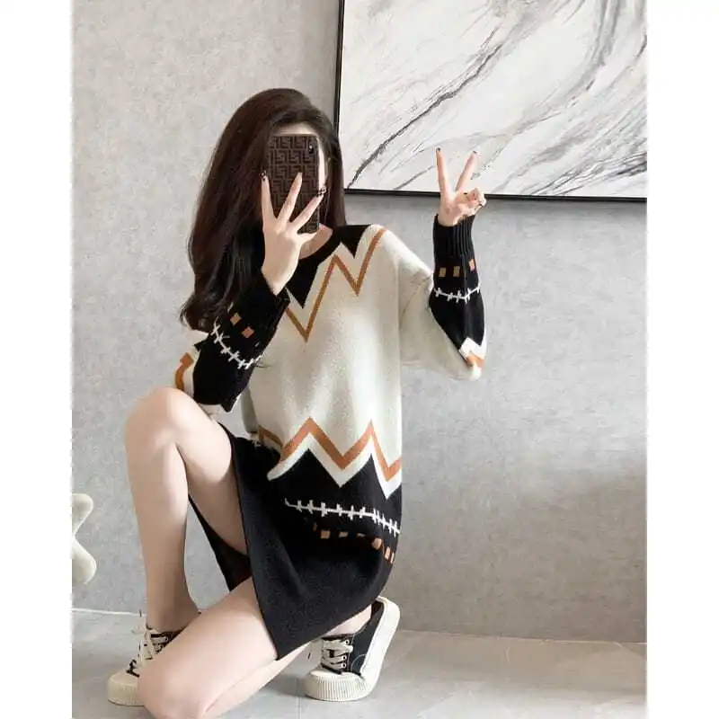 2024 Autumn Winter New All-match Temperament Knitting Sweater Dresses Interior Lapping Vintage Dress Ladies Loose Casual Dresses