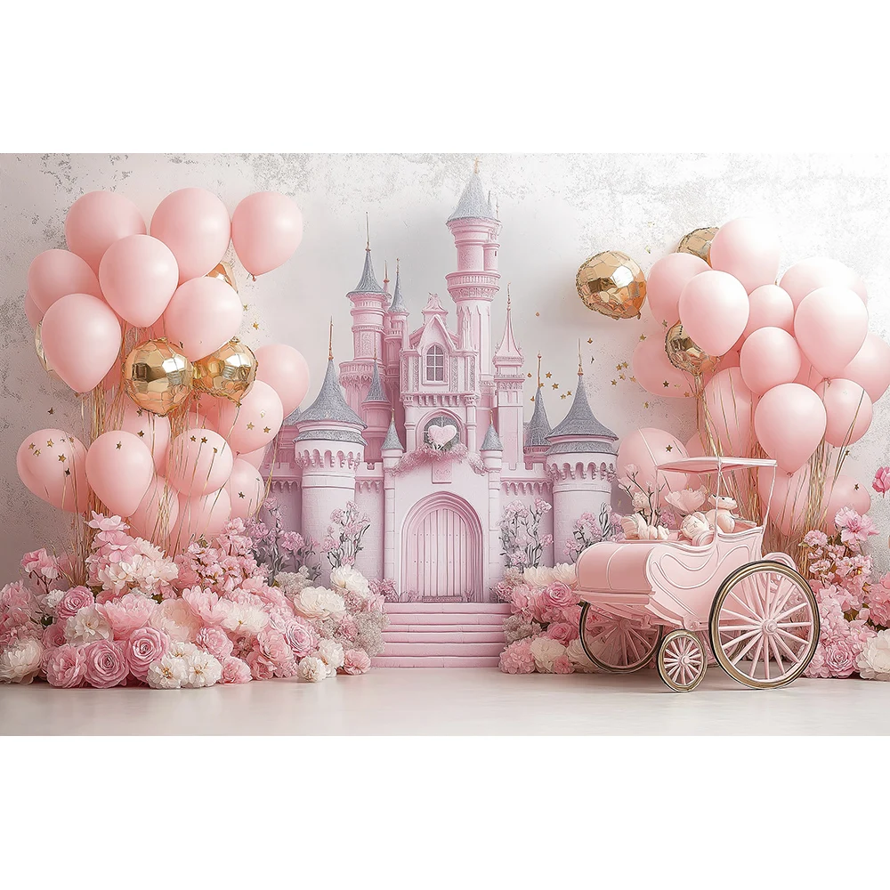 Castle Princess Girls Birthday Pink Purple Balloons Flower Floral Photographic Backdrops Cake Smash Background Baby Shower Props