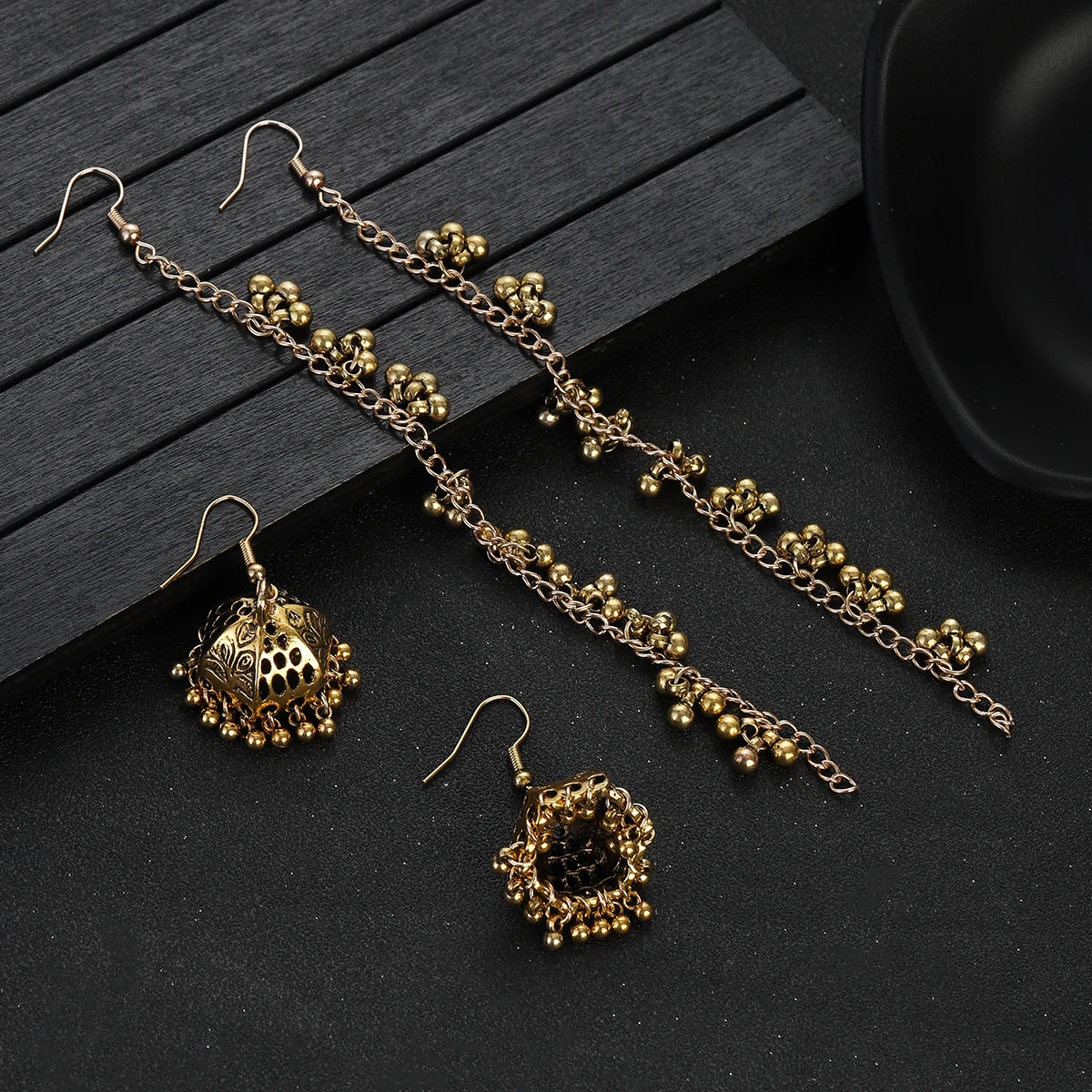 Ethnic Jhumka Retro Silver Color Bell Oorbellen Earrings for Women Bohemian Jewelry Lantern Beads Tassel Wedding Earrings