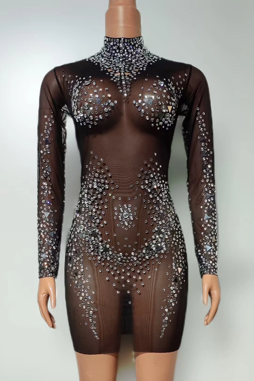 

Fashion Full Diamond Mesh Dress Sexy Perspective Long Sleeve Short Skirt Singer Model Nightclub Bar Performance Costume Heiche