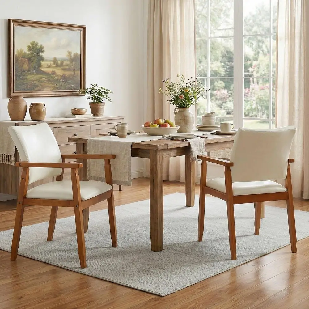 

Обеденные стулья в стиле Mid-Century Modern с подлокотниками, комплект из 2 штук, обеденные стулья с обивкой из искусственной кожи и каркасом из массива дерева, цвет орех K