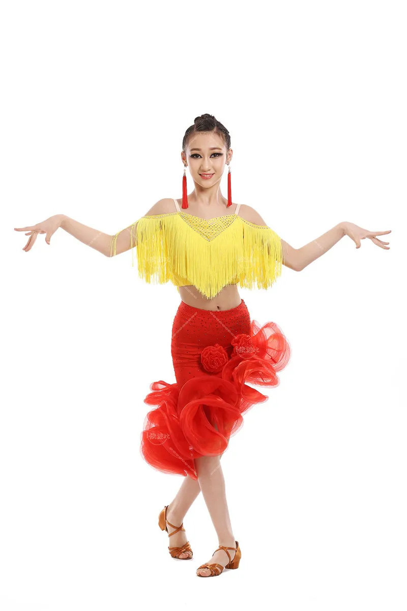 Child Latin Dance Costumes Tassel Sleeveless Top+skirt 2pcs Girls Latin Dance Set for Girls Latin Dance