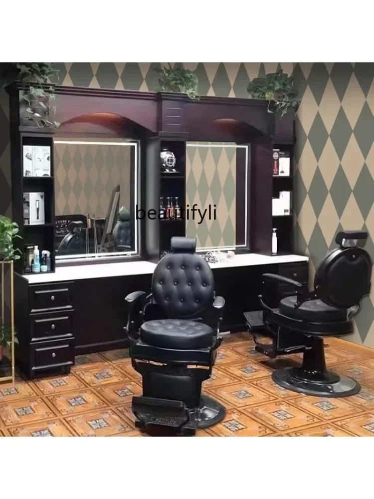 High-End Retro Barber Shop Dressing Table Hair Salon Hair Cutting Perm Mirror Men's Oil Head Museum Dedicated Dressing Table