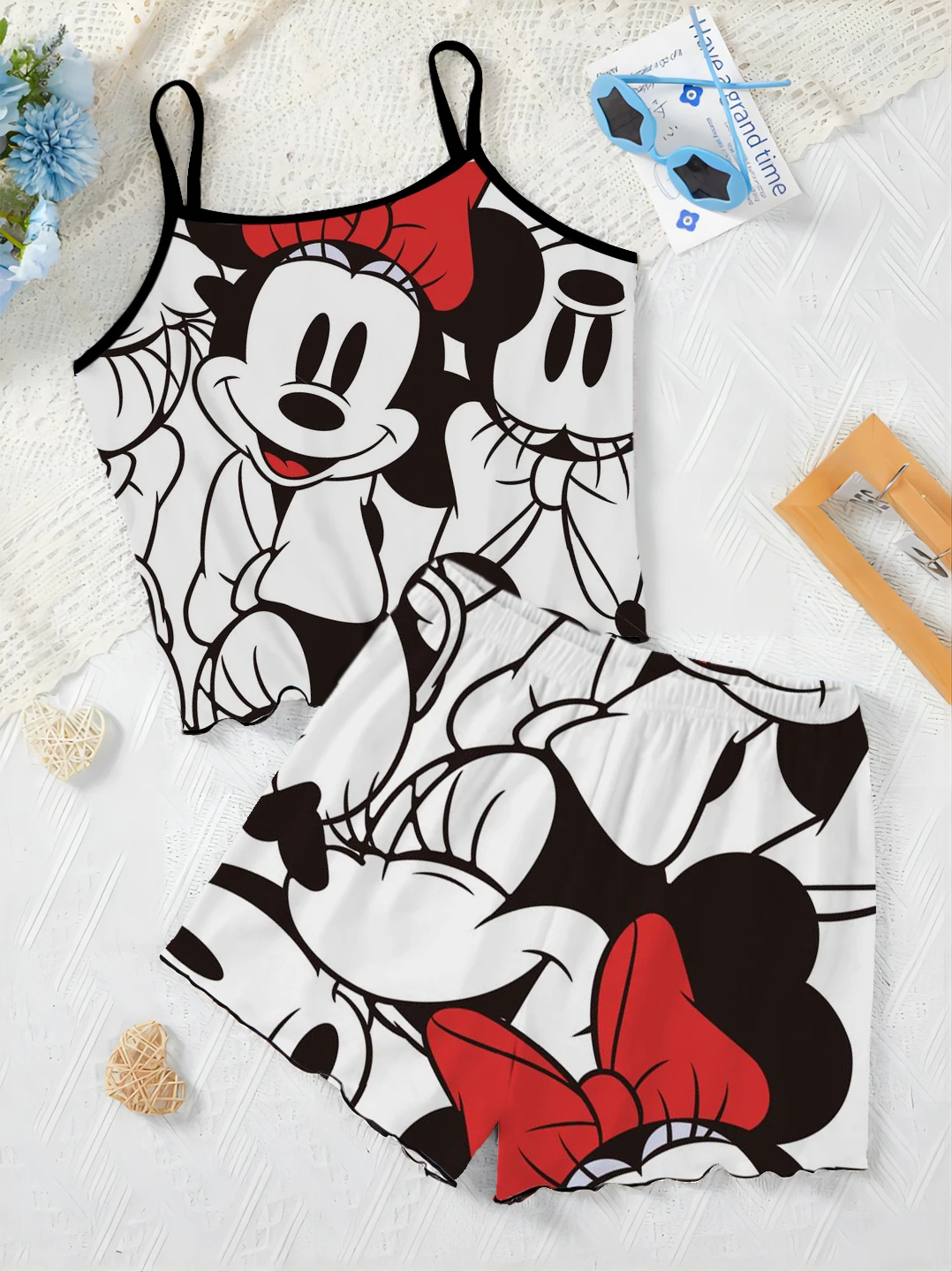 Ensemble jupe pyjama trempée Minnie Mouse pour femme, haut court, garniture en laitue, robe de maison, t-shirt élégant, Disney, 2 pièces