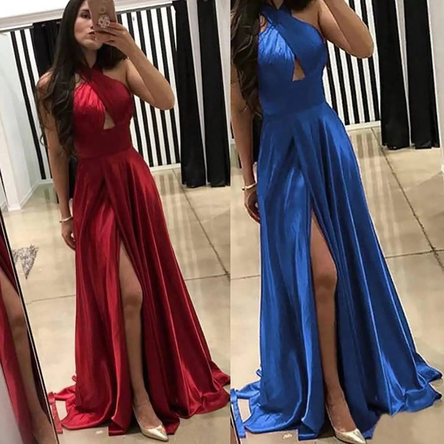 Shiyicey 2024 Elegant Simple Floor-length Halter Prom High Slit Long Ball Gowns Satin Sleevesless Formal Evening Party Dresses