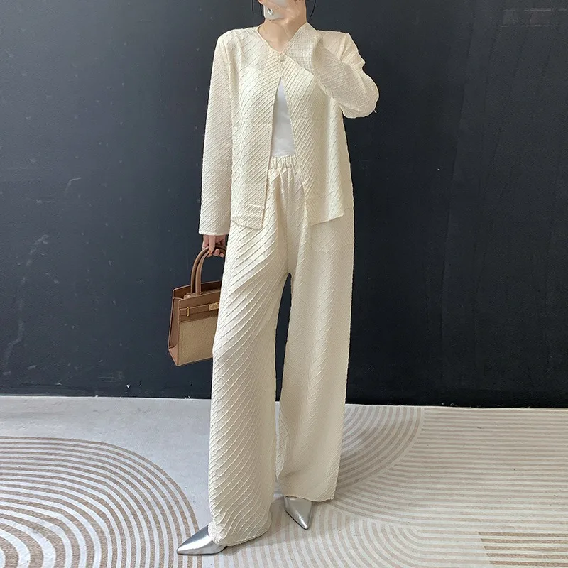

Miyake Pleated Pant Suit Plisse 2026 Spring New Arrival Cardigan + Casual Straight-Leg Pants Set Loose Oversized Solid Women's