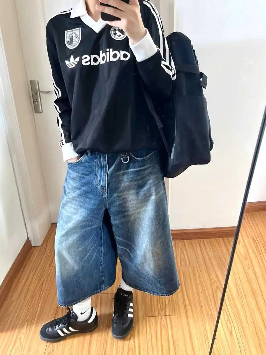 

Retro American Washed Monkey Wide Leg Seven-Foot Women Summer Low Waist Loose Jeans Street Style Shorts Denim Skinnies