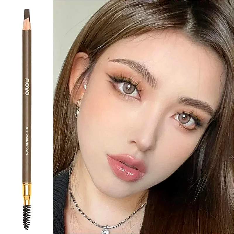 قلم حواجب منجل طبيعي - برأسين مع فرشاة حواجب، مظهر متجذر مقاوم للماء ومقاوم للعرق يدوم طويلاً