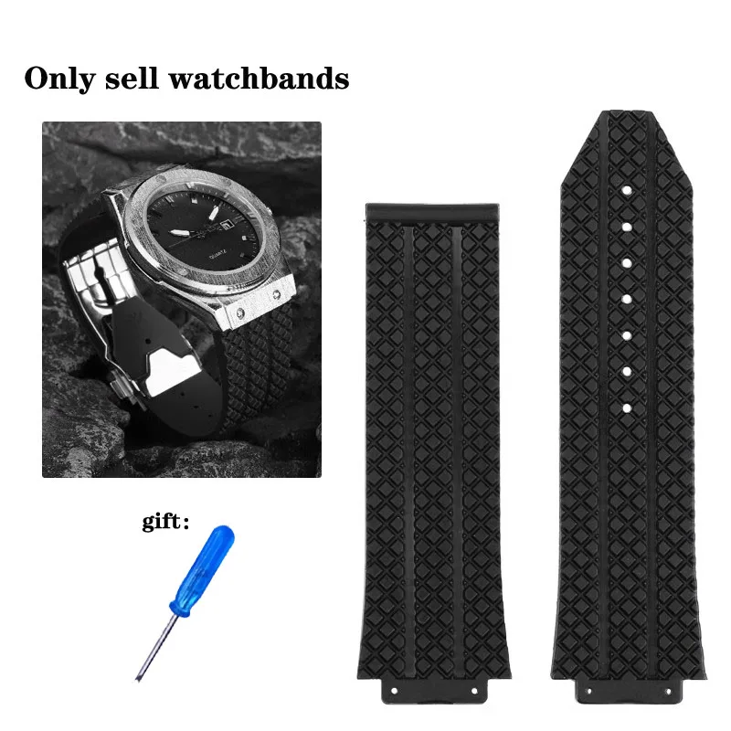 For HUBLOT Classic Fusion Universe Big Bang Series Men Women Black Silicone Watch Strap Vertical Stripe Road Bracelet 26X19mm
