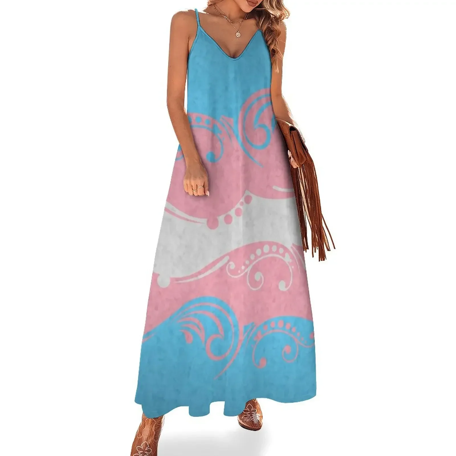 Fancy Swooped and Swirled Transgender Pride Flag Background Sleeveless Dress dress dresses Dress