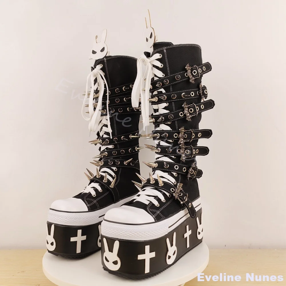 Thick Sole Rivet Belt Buckle Canvas Boots Women Round Cross Tied Cyberpunk Rock Street Sports Boots Halloween Motorcycle Boots