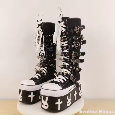 Thick Sole Rivet Belt Buckle Canvas Boots Women Round Cross Tied Cyberpunk Rock Street Sports Boots Halloween Motorcycle Boots